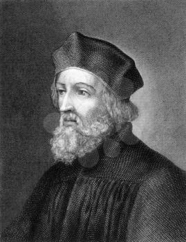 Jan Hus (1369-1415) on engraving from 1859.  Czech priest, philosopher, reformer and master at Charles University in Prague. Engraved by Holbein and published in Meyers Konversations-Lexikon, Germany,
