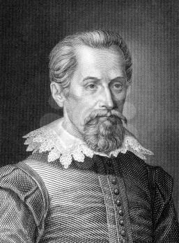 Johannes Kepler (1571-1630) on engraving from 1859.  German mathematician, astronomer and astrologer. Engraved by C.Barth and published in Meyers Konversations-Lexikon, Germany,1859.