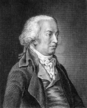 Johannes von Muller (1752-1809) on engraving from 1859. Swiss historian. Engraved by unknown artist and published in Meyers Konversations-Lexikon, Germany,1859.