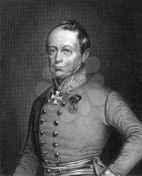 Joseph Radetzky von Radetz (1766-1858) on engraving from 1859. Czech nobleman and Austrian general. Engraved by G.Wolf and published in Meyers Konversations-Lexikon, Germany,1859.