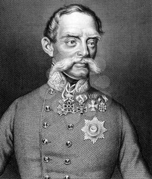 Julius Jacob von Haynau (1786-1853) on engraving from 1859. Austrian general. Engraved by Nordheim and published in Meyers Konversations-Lexikon, Germany,1859.