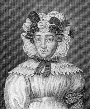 Karoline Pichler (1769-1843) on engraving from 1859.  Austrian novelist. Engraved by unknown artist and published in Meyers Konversations-Lexikon, Germany,1859.
