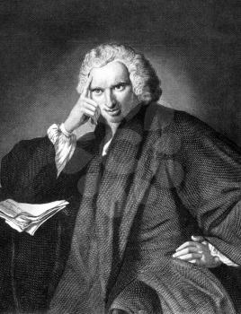 Laurence Sterne (1713-1768) on engraving from 1859. Anglo-Irish novelist and an Anglican clergyman. Engraved by unknown artist and published in Meyers Konversations-Lexikon, Germany,1859.
