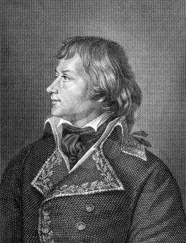 Laurent de Gouvion Saint-Cyr (1764-1830) on engraving from 1859.  French commander. Engraved by C.Barth and published in Meyers Konversations-Lexikon, Germany,1859.
