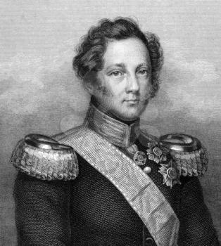 Leopold, Grand Duke of Baden (1790-1852) on engraving from 1859. Engraved by unknown artist and published in Meyers Konversations-Lexikon, Germany,1859.