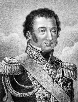 Louis-Auguste-Victor, Count de Ghaisnes de Bourmont (1773-1846) on engraving from 1859. French soldier and politician. Engraved by Nordheim and published in Meyers Konversations-Lexikon, Germany,1859.