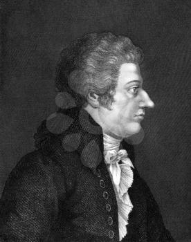 Wolfgang Amadeus Mozart (1756-1791) on engraving from 1859. One of the most significant and influential composers of classical music. Engraved by unknown artist and published in Meyers Konversations-L