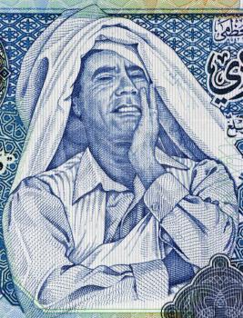 Muammar Gaddafi (1942-2011) on 1 Dinar 2004 Banknote from Libya. Ruler of Libya during 1969-2011.