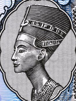 Queen Nefertiti (1370-1330 BC) on 5 Piastres 1998 Banknote from Egypt. Great Royal Wife of the Egyptian Pharaoh Akhenaten.