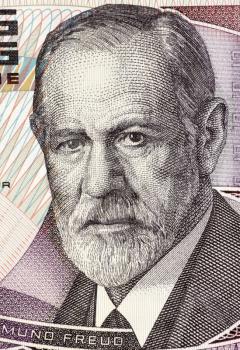 Sigmund Freud (1856-1939) on 50 Shilling 1986 Banknote from Austria. Austrian neurologist who founded the discipline of psychoanalysis.