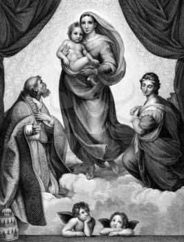 Sistine Madonna on engraving from 1859  after an oil painting by Raphael. Engraved by C.Deucker and published in Meyers Konversations-Lexikon, Germany,1859.