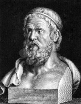 Sophocles (497/6 BC-406/5 BC) on engraving from 1859. One of three ancient Greek tragedians whose plays have survived. Engraved by unknown artist and published in Meyers Konversations-Lexikon, Germany