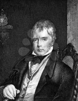 Walter Scott (1771-1832) on engraving from 1859. Scottish historical novelist, playwright, and poet. Engraved by unknown artist and published in Meyers Konversations-Lexikon, Germany,1859.