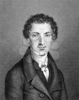 Wilhelm Hauff (1802-1827) on engraving from 1859. German poet and novelist. Engraved by unknown artist and published in Meyers Konversations-Lexikon, Germany,1859.