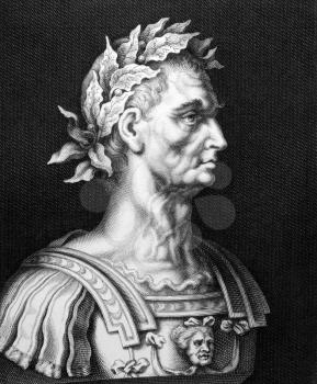 Julius Caesar (100BC-44BC) on engraving from 1860.  Roman general, statesman, Consul and notable author of Latin prose. Engraved by unknown and published by ''Bibliographic Institute Hildburghausen'',