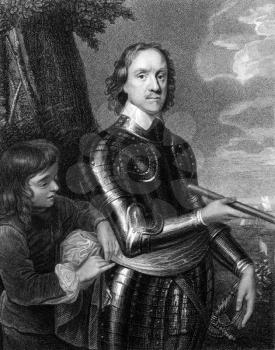 Oliver Cromwell (1599-1658) on engraving from 1827. English military and political leader best known for his involvement in making England into a republican Commonwealth. Engraved by E.Scriven and pub