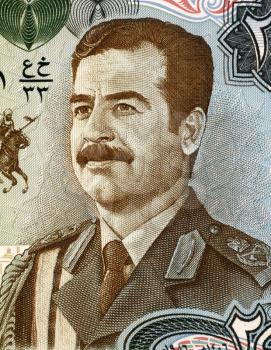 Saddam Hussein (1937-2006) on 25 Dinars 1986 Banknote from Iraq. Fifth President of Iraq during 1979-2003.