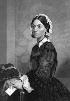 Florence Nightingale (1820-1910) on engraving from 1873. Celebrated English social reformer, statistician and  founder of modern nursing. Engraved by unknown artist and published in ''Portrait Gallery