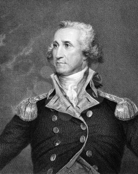 George Washington (1731-1799) on engraving from 1834. First President of the USA during 1789-1797 & commander of the Continental Army in the American Revolutionary War during 1775-1783. Engraved by A.