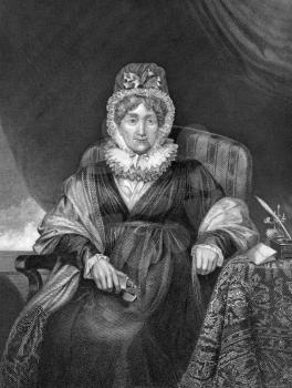 Hannah More (1745-1833) on engraving from 1873.  English religious writer and philanthropist. Engraved by unknown artist and published in ''Portrait Gallery of Eminent Men and Women with Biographies''