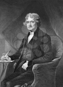 Thomas Jefferson (1743-1826) on engraving from 1873. American Founding Father, the principal author of the Declaration of Independence and third President during 1801–1809. Engraved by unknown artis