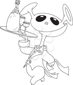 Royalty Free Clipart Image of an Alien With a Tray Carrying Champagne