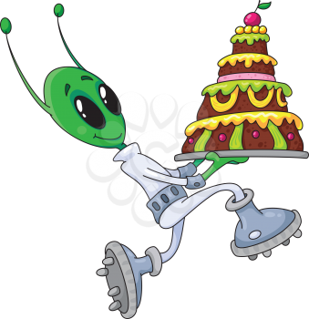 Royalty Free Clipart Image of an Alien With a Cake