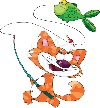 Royalty Free Clipart Image of a Cat Catching a Fish With a Pole