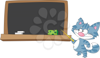 Royalty Free Clipart Image of a Cat With a Pointer at a Blackboard