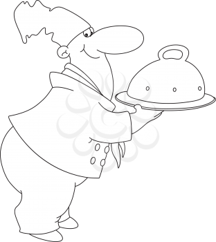 Royalty Free Clipart Image of a Chef With a Domed Tray