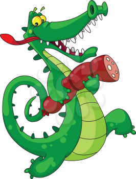 Royalty Free Clipart Image of a Crocodile With Sausage