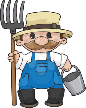 Royalty Free Clipart Image of a Farmer With a Bucket and Pitchfork