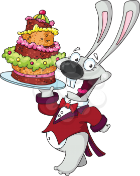 Royalty Free Clipart Image of a Waiter With a Cake