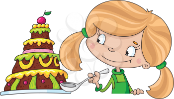 Royalty Free Clipart Image of a Girl With Cake