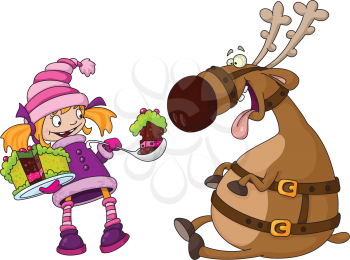 Royalty Free Clipart Image of a Girl Feeding Cake to a Reindeer
