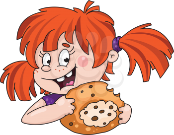 Royalty Free Clipart Image of a Red-Headed Girl With a Chocolate Chip Cookie