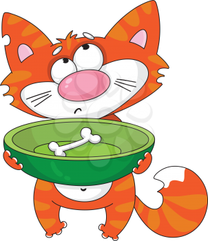 Royalty Free Clipart Image of a Hungry Cat Holding a Bowl