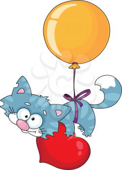 Royalty Free Clipart Image of a Kitten on a Balloon With a Heart
