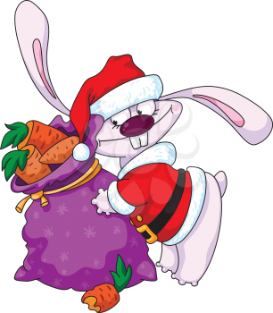 Royalty Free Clipart Image of a Rabbit Santa With a Bag of Carrots