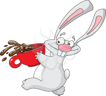 Royalty Free Clipart Image of a Rabbit Spilling a Cup of Coffee