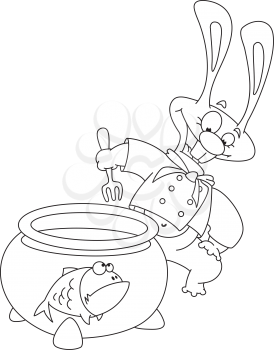 Royalty Free Clipart Image of a Rabbit Cooking Fish