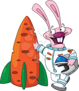 Royalty Free Clipart Image of an Astronaut Rabbit With a Carrot Rocket