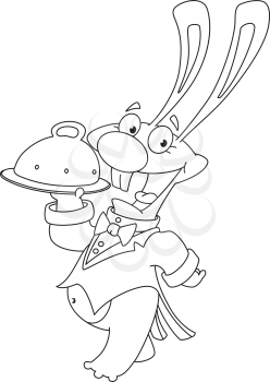 Royalty Free Clipart Image of a Rabbit Waiter With a Domed Tray