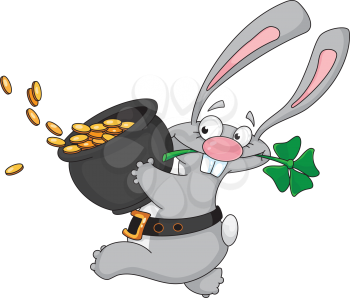 Royalty Free Clipart Image of a Rabbit With a Pot of Gold and Shamrock