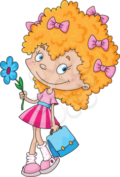Royalty Free Clipart Image of a Girl With Bows in Her Hair Carrying a Flower and Pursebag