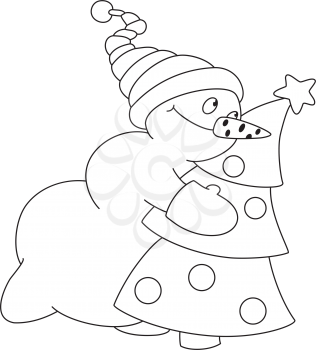 Royalty Free Clipart Image of a Snowman With a Christmas Tree