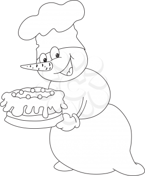 Royalty Free Clipart Image of a Snowman Wearing a Hat Holding a Cake