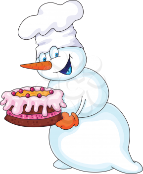 Royalty Free Clipart Image of a Snowman Wearing a Hat Holding a Cake