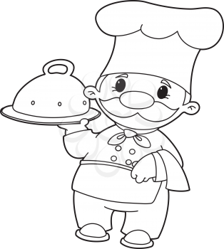 Royalty Free Clipart Image of a Cook Carrying a Domed Tray