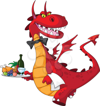 illustration of a dragon waiter with food tray